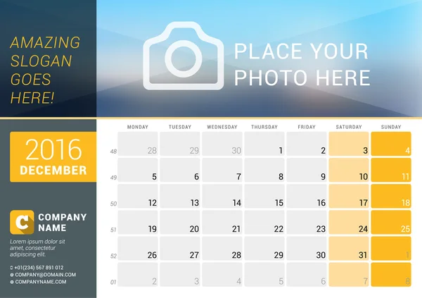 December 2016. Desk Calendar for 2016 Year. Vector Design Print Template with Place for Photo, Logo and Contact Information. Week Starts Monday. Calendar Grid with Week Numbers and Place for Notes — Stok Vektör
