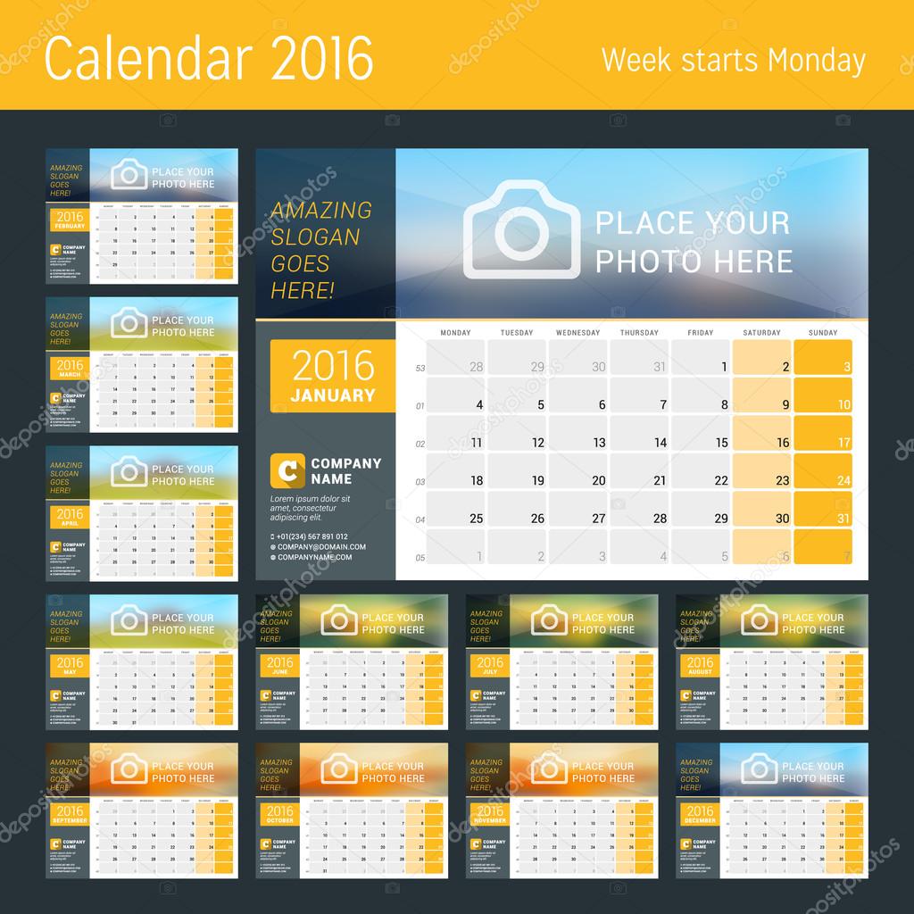 Desk Calendar for 2016 Year. Set of 12 Months. Vector Design Print Template with Place for Photo, Logo and Contact Information. Week Starts Monday. Calendar Grid with Week Numbers and Place for Notes