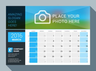March 2016. Vector Design Print Calendar Template for 2016 Year. Place for Photo, Logo and Contact Information. Week Starts Sunday. Calendar Grid with Week Numbers and Place for Notes