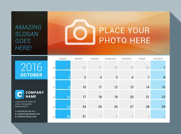 October 2016. Vector Design Print Calendar Template for 2016 Year. Place for Photo, Logo and Contact Information. Week Starts Sunday. Calendar Grid with Week Numbers and Place for Notes — Stok Vektör