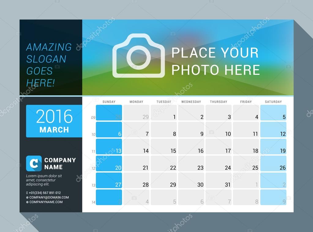 March 2016. Vector Design Print Calendar Template for 2016 Year. Place for Photo, Logo and Contact Information. Week Starts Sunday. Calendar Grid with Week Numbers and Place for Notes