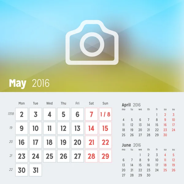 Maio de 2016. Calendário de Mesa para 2016 Ano. Modelo de impressão de design vetorial com lugar para foto. A semana começa segunda-feira. Grade de calendário com números de semana —  Vetores de Stock