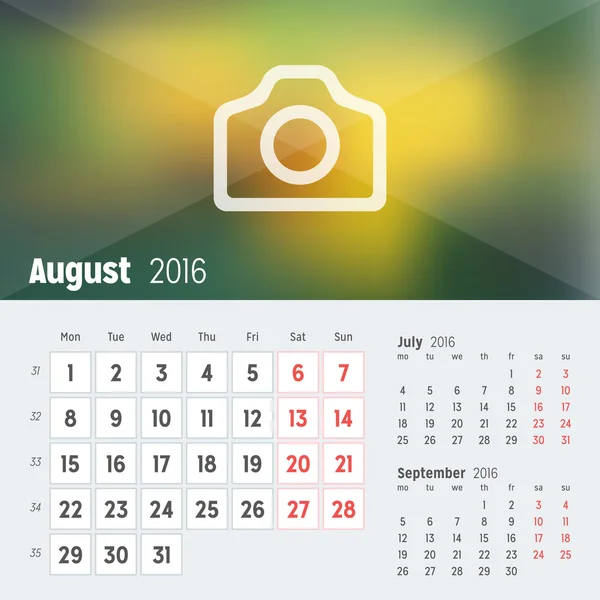 Agosto de 2016. Calendário de Mesa para 2016 Ano. Modelo de impressão de design vetorial com lugar para foto. A semana começa segunda-feira. Grade de calendário com números de semana —  Vetores de Stock