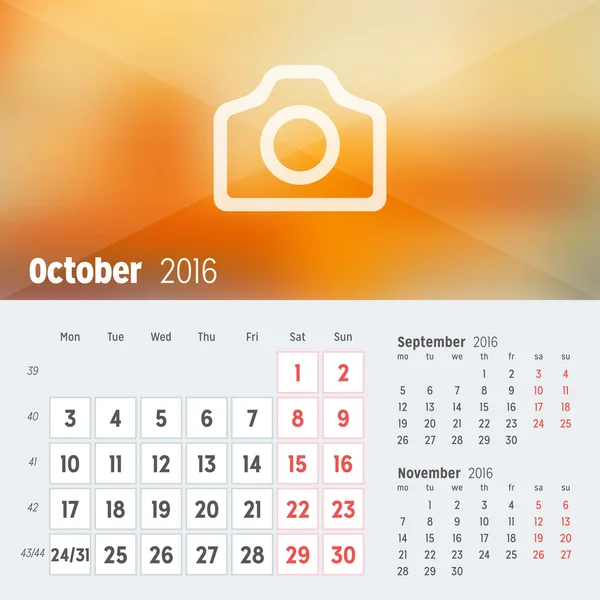 October 2016. Desk Calendar for 2016 Year. Vector Design Print Template with Place for Photo. Week Starts Monday. Calendar Grid with Week Numbers — Stockový vektor