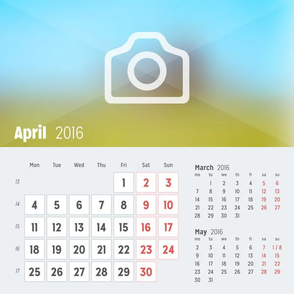 Abril de 2016. Calendário de Mesa para 2016 Ano. Modelo de impressão de design vetorial com lugar para foto. A semana começa segunda-feira. Grade de calendário com números de semana —  Vetores de Stock