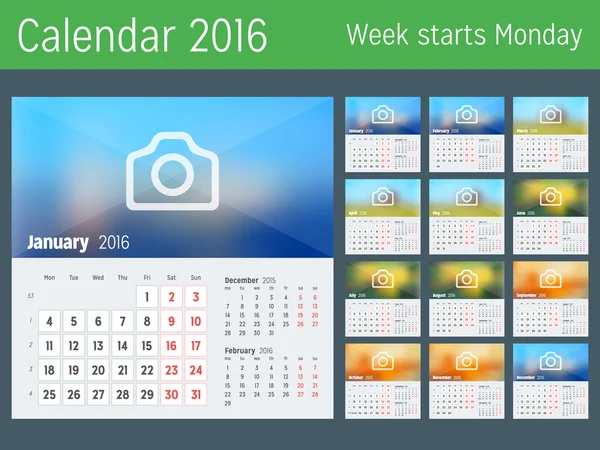 Calendario de escritorio para el año 2016. Plantilla de impresión de diseño vectorial con lugar para la foto. La semana empieza el lunes. Cuadrícula de calendario con números de semana. Conjunto de 12 meses — Vector de stock