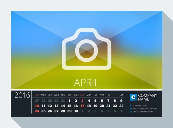 Avril 2016. Conception de papeterie vectorielle. Imprimer le modèle. Calendrier de bureau pour 2016 Année. Lieu pour la photo, le logo et les coordonnées. La semaine commence dimanche — Image vectorielle