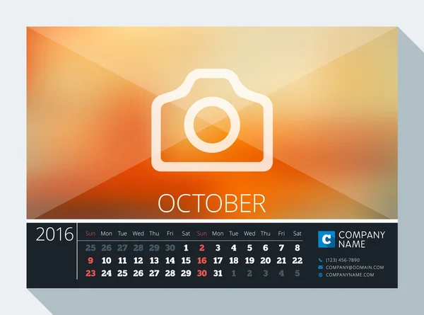 October 2016. Vector Stationery Design. Print Template. Desk Calendar for 2016 Year. Place for Photo, Logo and Contact Information. Week Starts Sunday — Stockový vektor