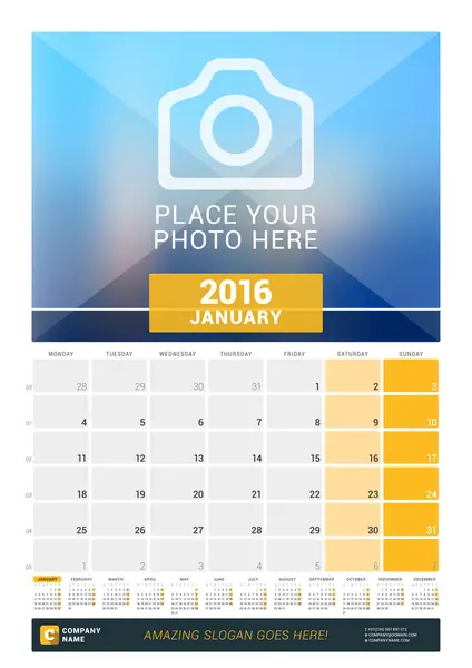 Stycznia 2016 r. Miesięczny kalendarz ścienny na rok 2016. Wektor wydruku szablonu projektu z miejscem na zdjęcie i rok kalendarzowy. Tydzień zaczyna się od poniedziałku — Wektor stockowy