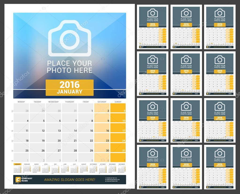 Wall Monthly Calendar for 2016 Year. Vector Design Print Template with Place for Photo and Year Calendar. Week Starts Monday. Set of 12 Months