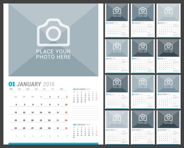 Wall Monthly Calendar for 2016 Year. Vector Design Print Template with Place for Photo and Place for Notes. 3 Months on Page. Week Starts Monday. Set of 12 Months