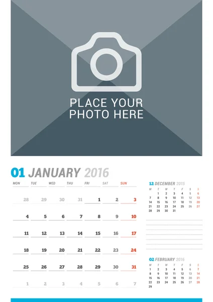 January 2016. Wall Monthly Calendar for 2016 Year. Vector Design Print Template with Place for Photo and Place for Notes. 3 Months on Page. Week Starts Monday — Wektor stockowy