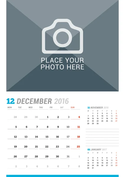 December 2016. Wall Monthly Calendar for 2016 Year. Vector Design Print Template with Place for Photo and Place for Notes. 3 Months on Page. Week Starts Monday — Stok Vektör