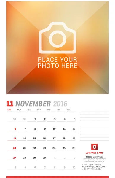 Wall Calendar Planner for 2016 Year. Vector Design Print Template with Place for Photo, Notes and Company Iformation. Week Starts Sunday. November — Stok Vektör