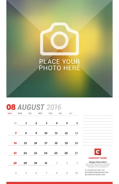 Wall Calendar Planner for 2016 Year. Vector Design Print Template with Place for Photo, Notes and Company Iformation. Week Starts Sunday. August — Stok Vektör