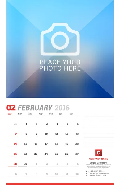 Wall Calendar Planner for 2016 Year. Vector Design Print Template with Place for Photo, Notes and Company Iformation. Week Starts Sunday. February — Wektor stockowy