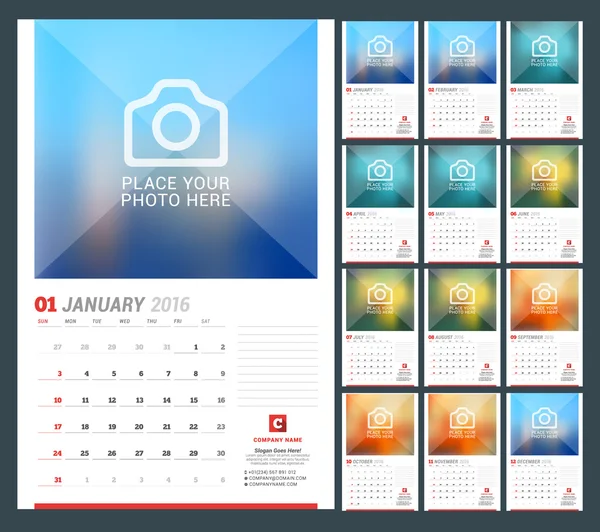 Wall Calendar Planner for 2016 Year. Vector Design Print Template with Place for Photo, Notes and Company Iformation. Week Starts Sunday. Set of 12 Months — Stok Vektör
