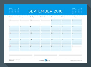 September 2016. Monthly Calendar Planner for 2016 Year. Vector Design Print Template. Week Starts Sunday
