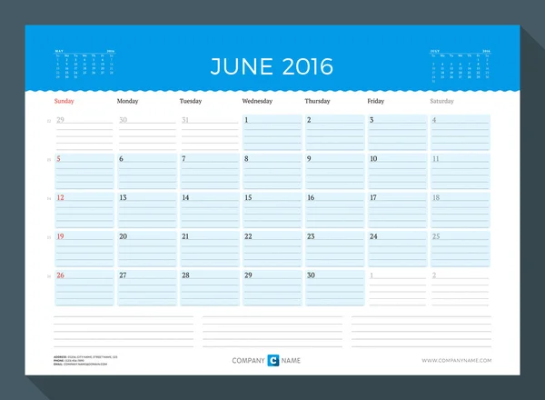 Июнь 2016. Планировщик календаря на 2016 год. Шаблон для печати векторного дизайна. Неделя начинается в воскресенье — стоковый вектор