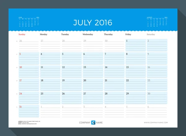 Julho de 2016. Planejador de calendário mensal para 2016 Ano. Modelo de impressão de design vetorial. Semana começa domingo —  Vetores de Stock