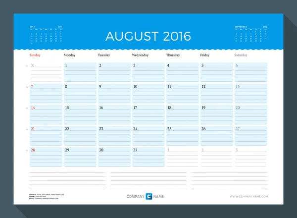 August 2016. Monthly Calendar Planner for 2016 Year. Vector Design Print Template. Week Starts Sunday
