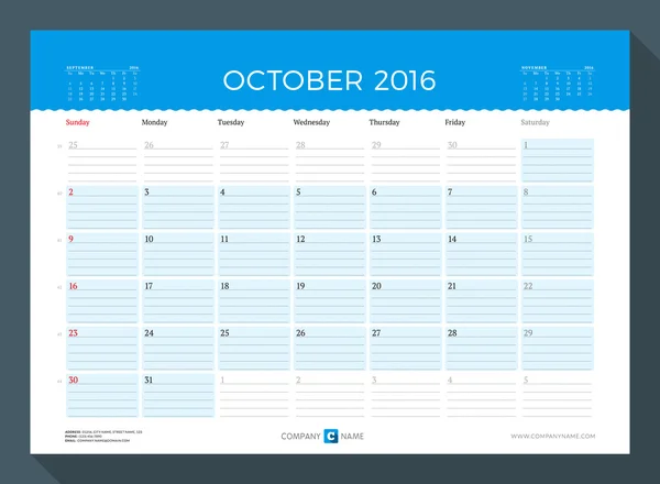 Octubre de 2016. Planificador de calendario mensual para el año 2016. Plantilla de impresión de diseño vector. Semana comienza el domingo — Vector de stock