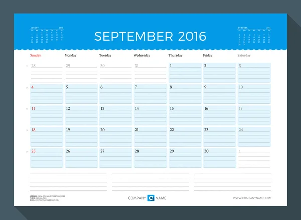 Setembro de 2016. Planejador de calendário mensal para 2016 Ano. Modelo de impressão de design vetorial. Semana começa domingo —  Vetores de Stock