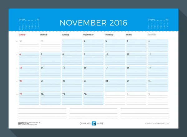 Novembre 2016. Pianificatore calendario mensile per 2016 Anno. Modello di stampa vettoriale. Settimana Inizia Domenica — Vettoriale Stock