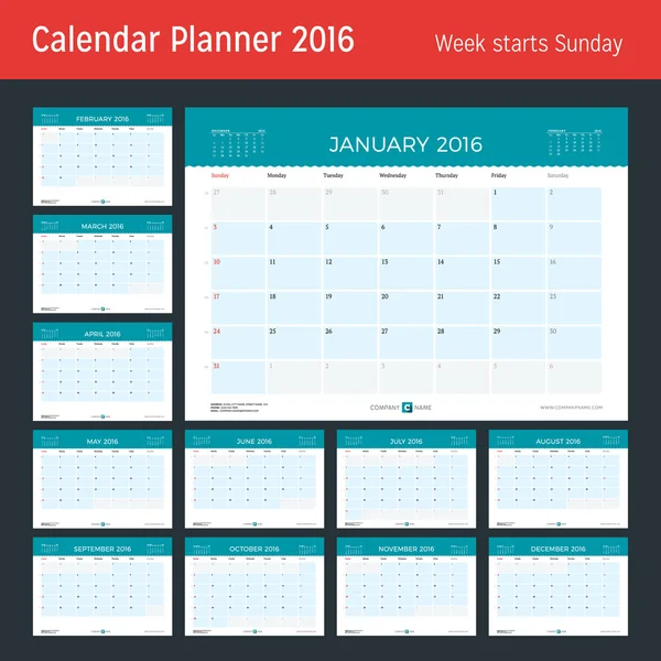 Planejador de calendário mensal para 2016 Ano. Modelo de impressão de design vetorial. A semana começa no domingo. Conjunto de 12 Meses —  Vetores de Stock