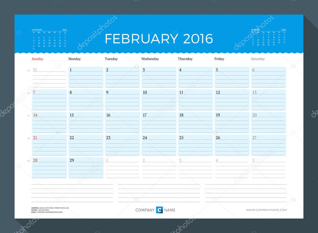 February 2016. Monthly Calendar Planner for 2016 Year. Vector Design Print Template. Week Starts Sunday