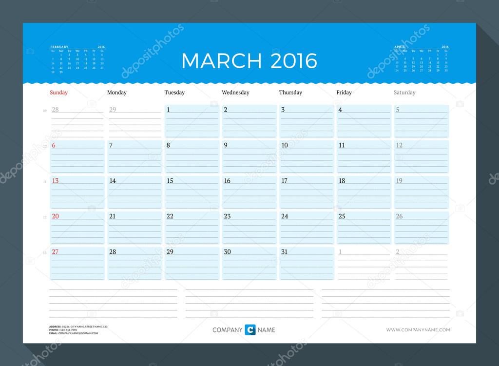 March 2016. Monthly Calendar Planner for 2016 Year. Vector Design Print Template. Week Starts Sunday