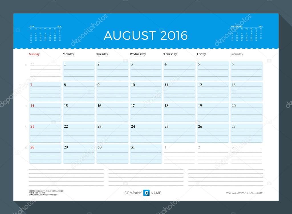 August 2016. Monthly Calendar Planner for 2016 Year. Vector Design Print Template. Week Starts Sunday