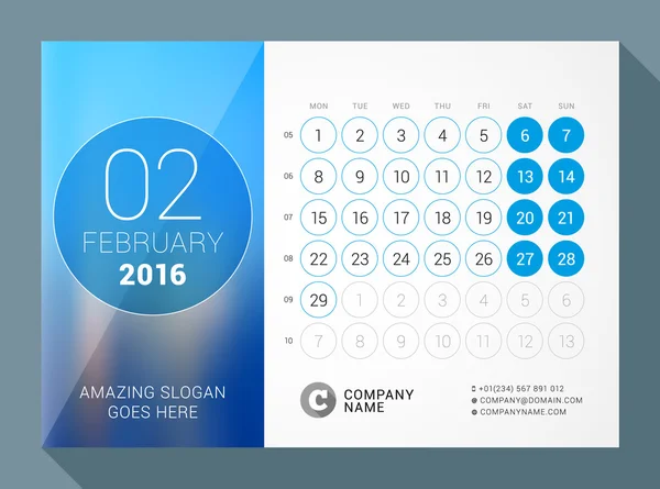 Février 2016. Calendrier de bureau pour 2016 Année. Modèle d'impression vectoriel avec place pour la photo et les cercles. La semaine commence lundi. Grille de calendrier avec numéros de semaine — Image vectorielle