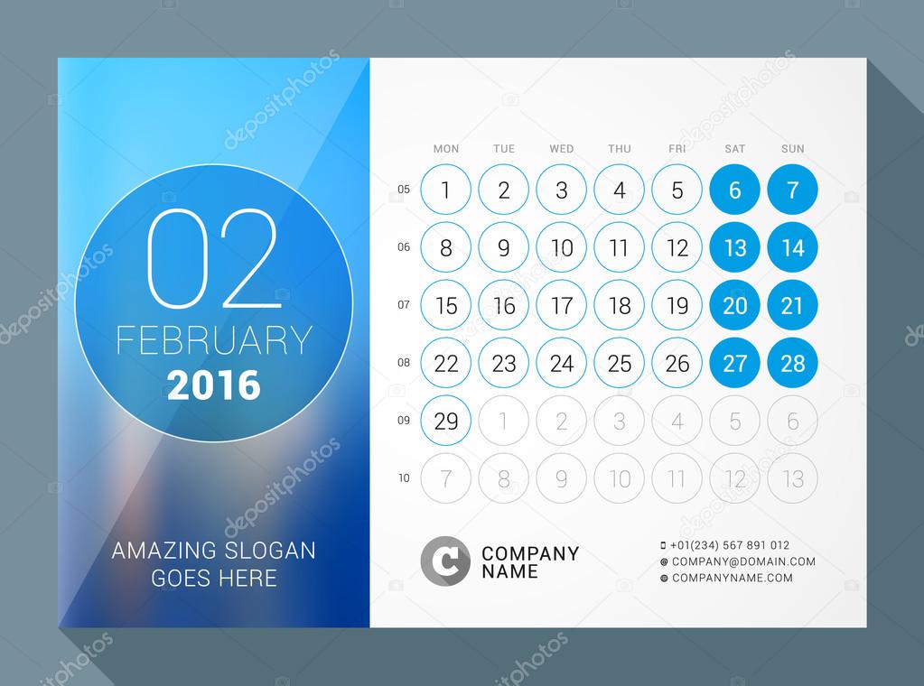 February 2016. Desk Calendar for 2016 Year. Vector Design Print Template with Place for Photo and Circles. Week Starts Monday. Calendar Grid with Week Numbers