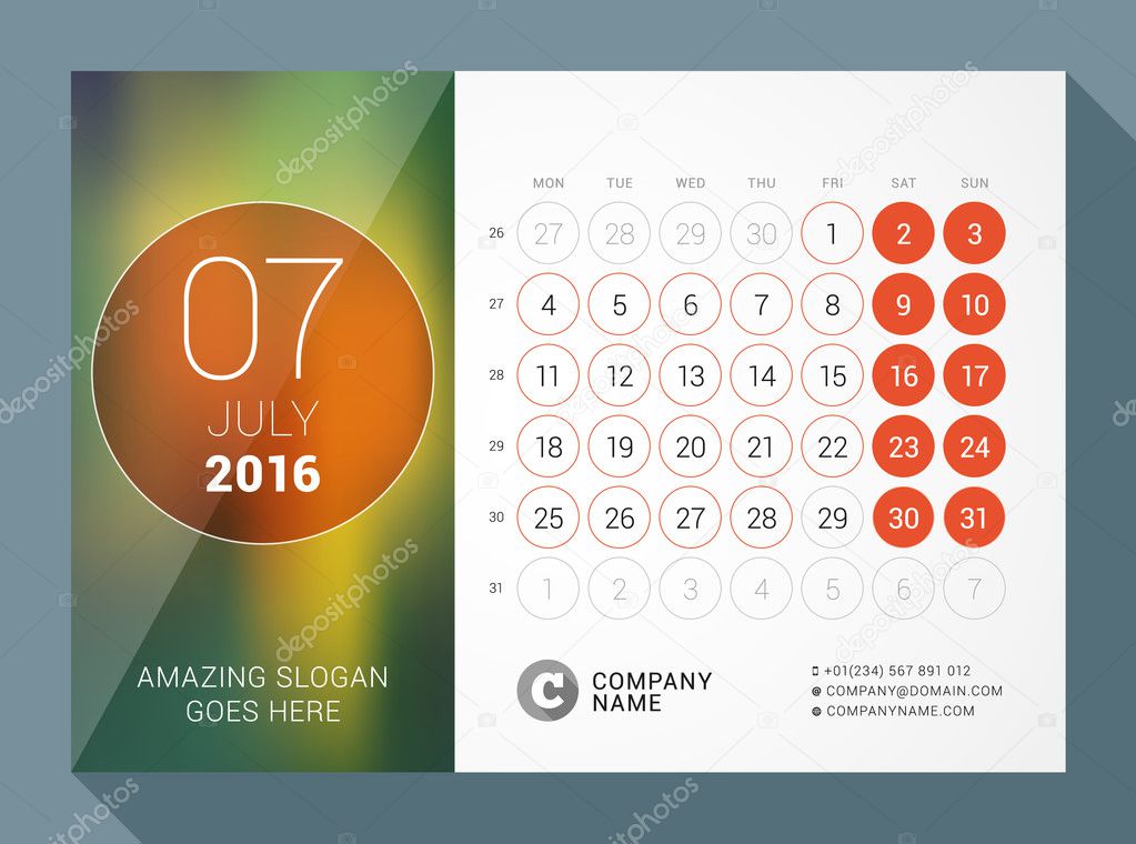 July 2016. Desk Calendar for 2016 Year. Vector Design Print Template with Place for Photo and Circles. Week Starts Monday. Calendar Grid with Week Numbers