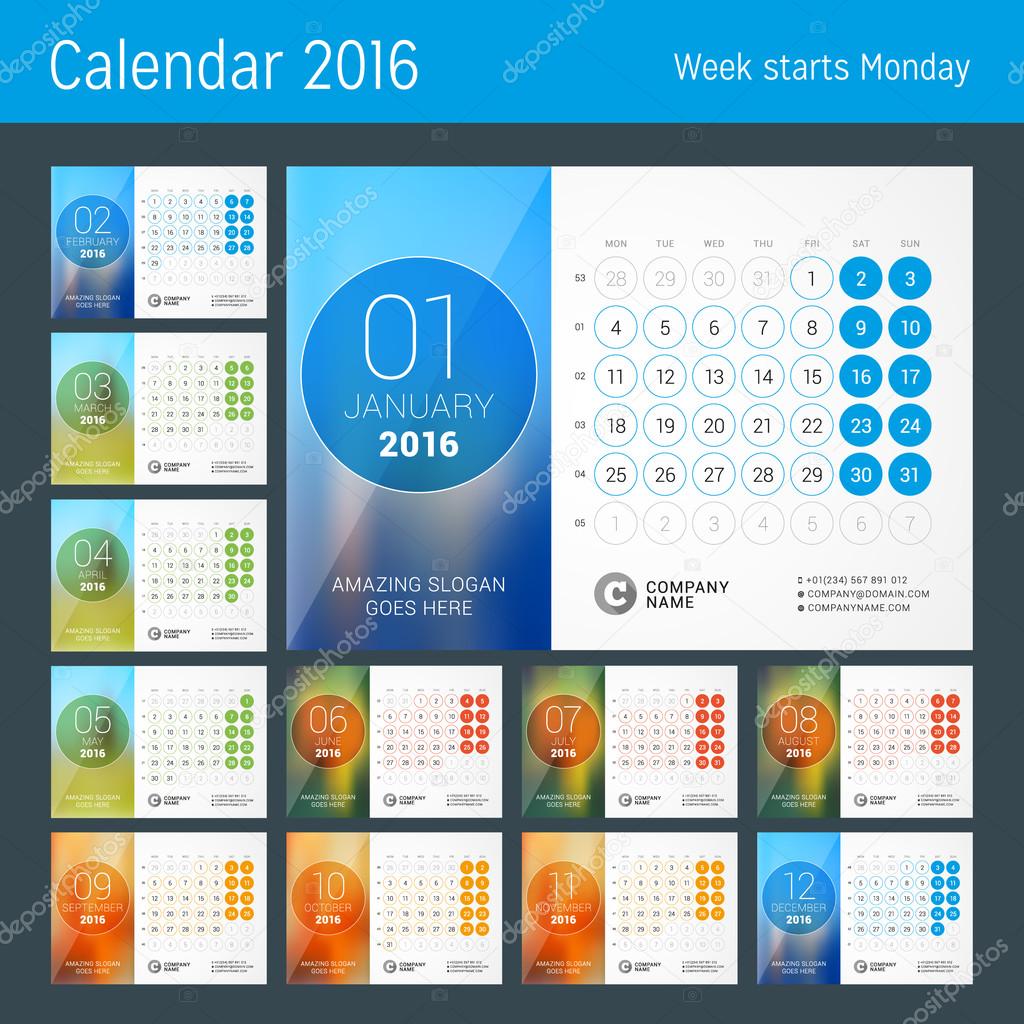 Desk Calendar for 2016 Year. Vector Design Print Template with Place for Photo and Circles. Week Starts Monday. Calendar Grid with Week Numbers. Set of 12 Months