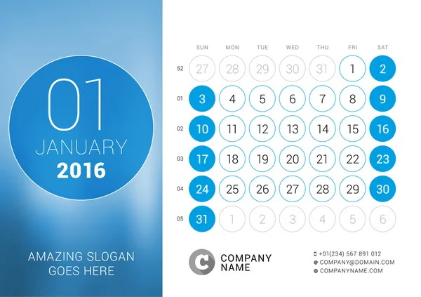 Janeiro de 2016. Calendário de Mesa para 2016 Ano. Modelo de impressão de design vetorial com lugar para fotos e círculos. A semana começa no domingo. Grade de calendário com números de semana —  Vetores de Stock