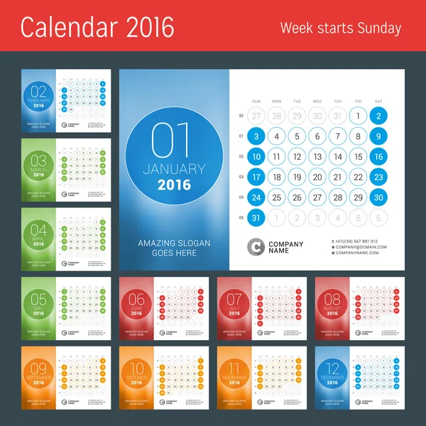 Calendário de Mesa para 2016 Ano. Modelo de impressão de design vetorial com lugar para fotos e círculos. A semana começa no domingo. Grade de calendário com números da semana. Conjunto de 12 Meses —  Vetores de Stock