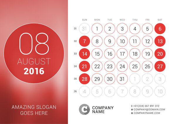 August 2016. Desk Calendar for 2016 Year. Vector Design Print Template with Place for Photo and Circles. Week Starts Sunday. Calendar Grid with Week Numbers