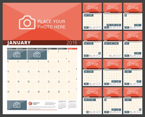 Wall Calendar Planner for 2016 Year. Vector Design Print Template with Place for Photos and Notes. Week Starts Monday. 3 Months on Page. Set of 12 Months — Διανυσματικό Αρχείο