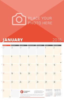 Wall Calendar Planner for 2016 Year. Vector Design Print Template with Place for Photo and Notes. Week Starts Sunday. 3 Months on Page. January 2016