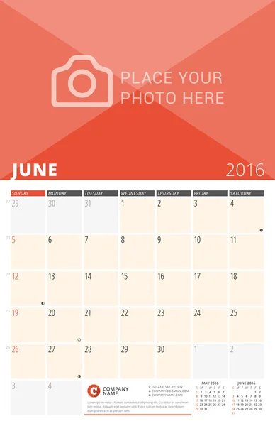 Wall Calendar Planner for 2016 Year. Vector Design Print Template with Place for Photo and Notes. Week Starts Sunday. 3 Months on Page. June 2016 — Stok Vektör