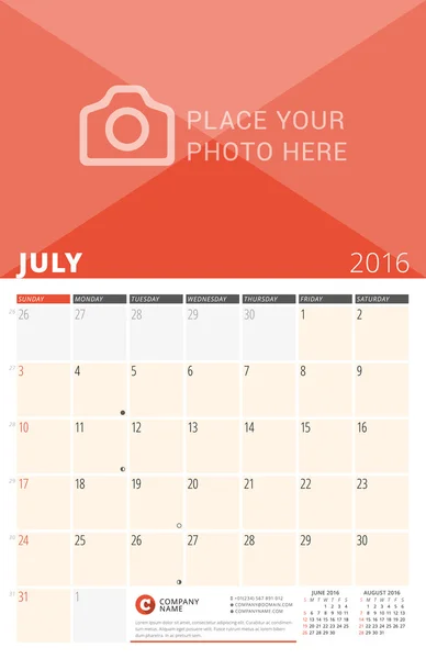 Wall Calendar Planner for 2016 Year. Vector Design Print Template with Place for Photo and Notes. Week Starts Sunday. 3 Months on Page. July 2016 — Stok Vektör