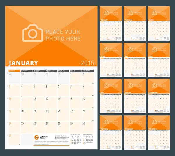 Wall Calendar Planner for 2016 Year. Vector Design Print Template with Place for Photo and Notes. Week Starts Sunday. 3 Months on Page. Set of 12 Months — 图库矢量图片