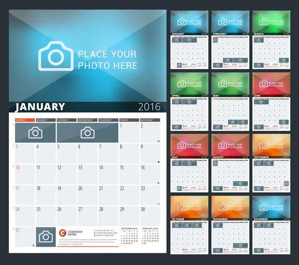 Планировщик календаря на 2016 год. Шаблон для печати векторного дизайна с местом для фотографий и заметок. Неделя начинается в воскресенье. 3 месяца на странице. Комплект из 12 месяцев — стоковый вектор
