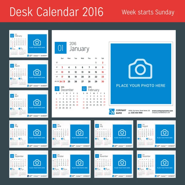 Календар столів на 2016 рік. Векторний дизайн Друк шаблону з місцем для фотографії. 3 місяці на сторінці. Тиждень починається неділя. Набір з 12 місяців — стоковий вектор