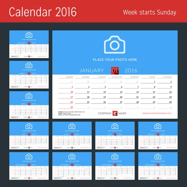 Calendário de Mesa para 2016 Ano. Modelo de impressão de design vetorial com lugar para foto. Conjunto de 12 Meses. Semana começa domingo —  Vetores de Stock