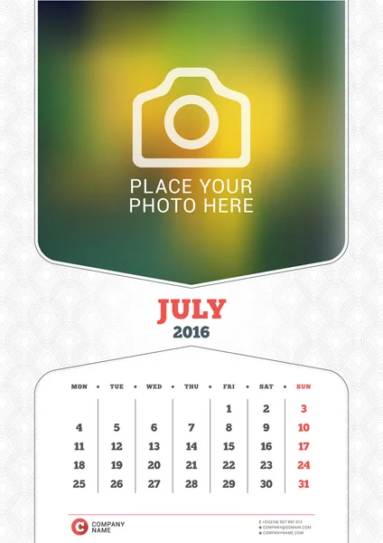July 2016. Wall Monthly Calendar for 2016 Year. Vector Design Print Template with Place for Photo and Pattern Background. Week Starts Monday — Stock Vector