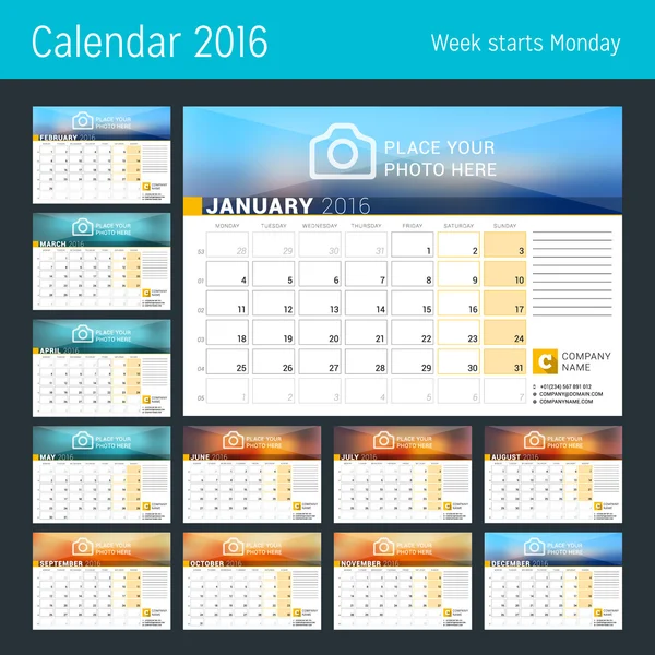 Desk Calendar for 2016 Year. Vector Design Print Template with Place for Photo, Logo and Contact Information. Week Starts Monday. Calendar Grid with Week Numbers and Place for Notes. Set of 12 Months — Wektor stockowy