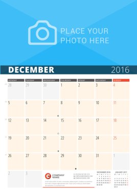Wall Calendar Planner for 2016 Year. Vector Design Print Template with Place for Photo and Notes. Week Starts Monday. 3 Months on Page. December 2016